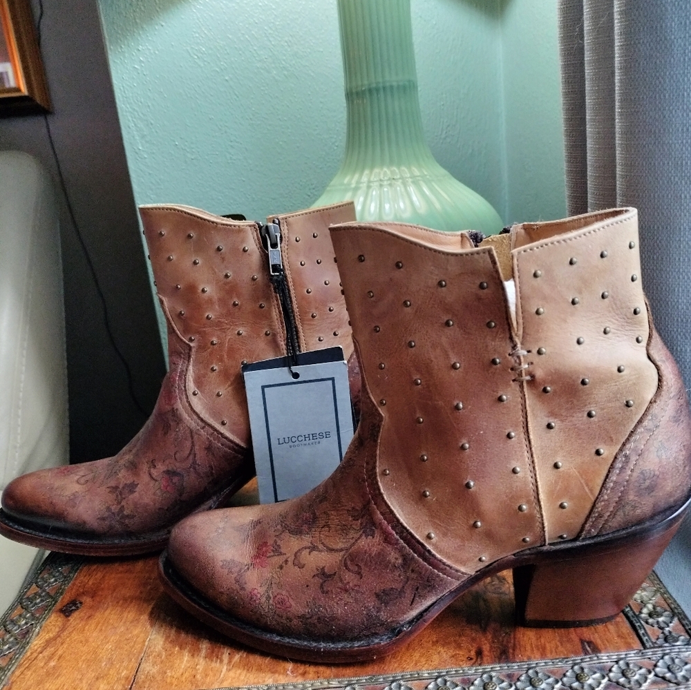 Lucchese Tan and Brown Floral Heeled Boots